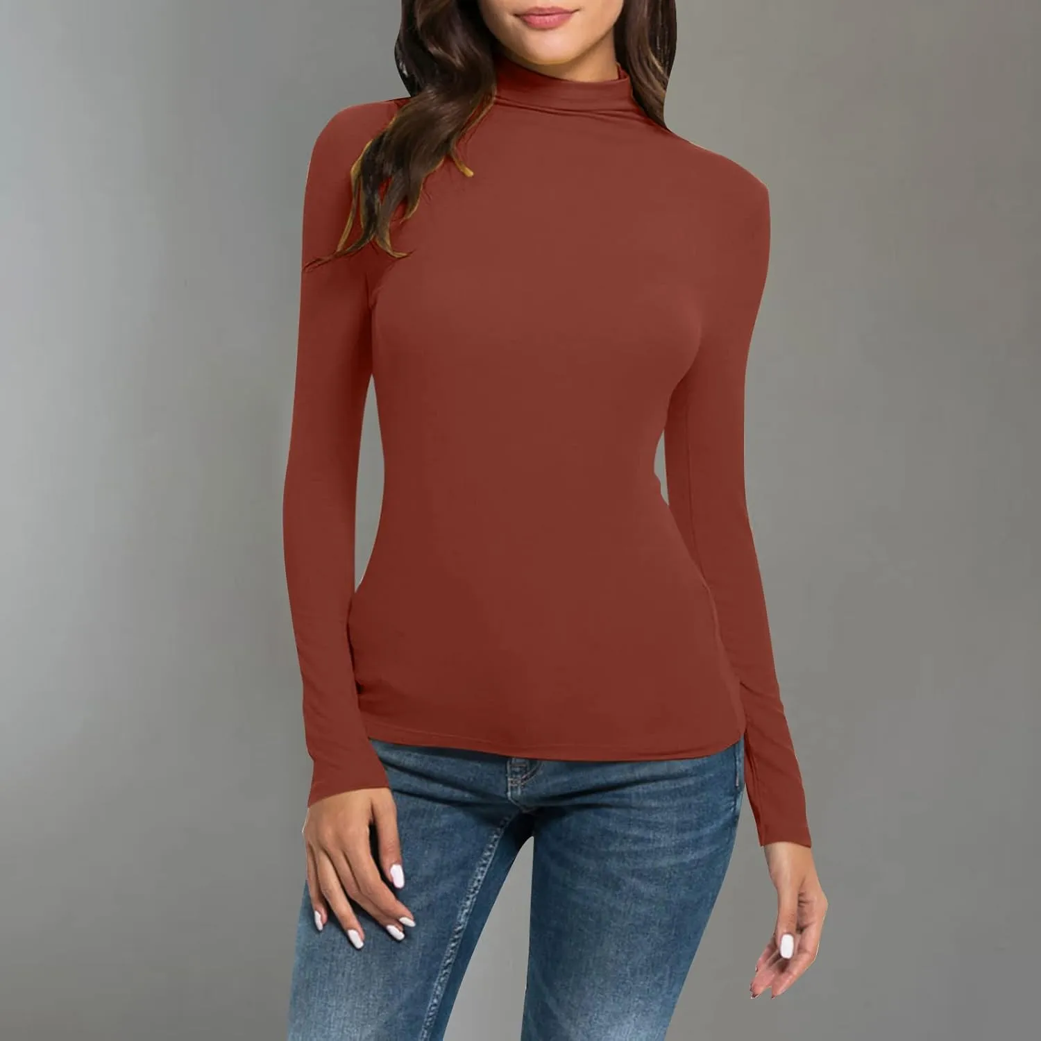 Active Layer Shirts Womens Mock Turtleneck Long-Sleeve Shirts Fitted Basic Stretchy Pullover Light Casual Tight Tops