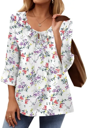 AKEWEI Womens 3/4 Length Sleeve Scoop Neck Tops Summer Tie Front Ruffle Shirts Casual Bell Sleeve Pleated Blouses 2025