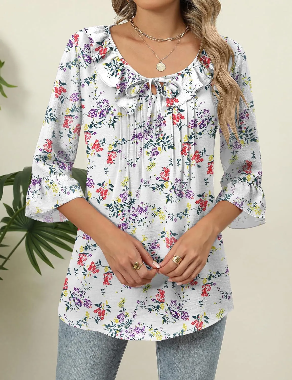 AKEWEI Womens 3/4 Length Sleeve Scoop Neck Tops Summer Tie Front Ruffle Shirts Casual Bell Sleeve Pleated Blouses 2025