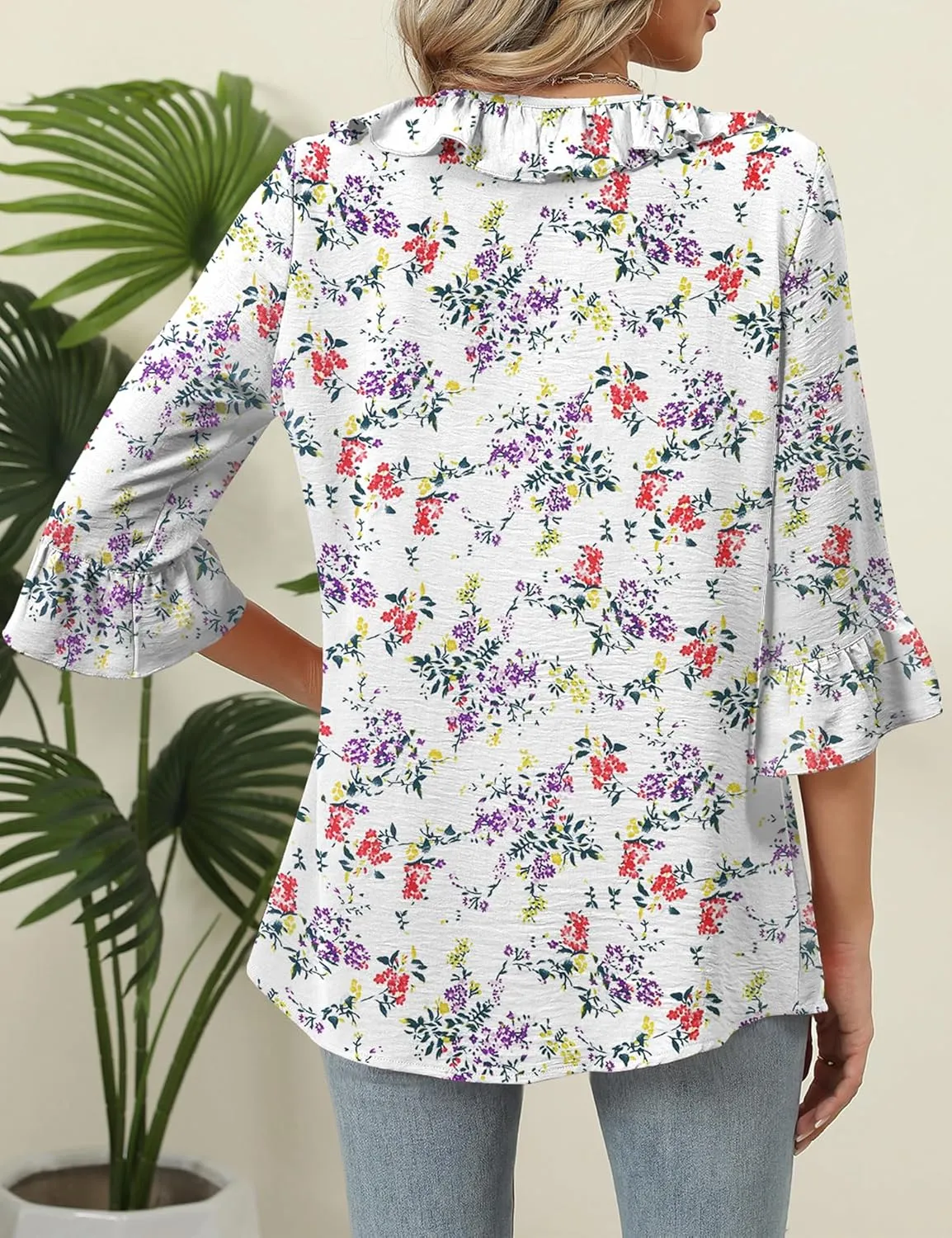 AKEWEI Womens 3/4 Length Sleeve Scoop Neck Tops Summer Tie Front Ruffle Shirts Casual Bell Sleeve Pleated Blouses 2025