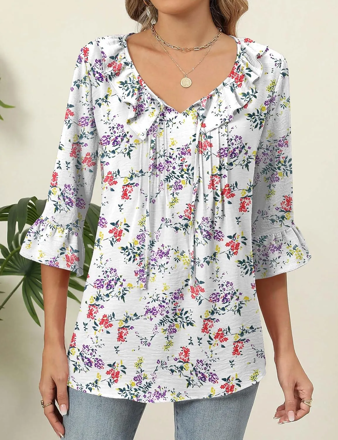 AKEWEI Womens 3/4 Length Sleeve Scoop Neck Tops Summer Tie Front Ruffle Shirts Casual Bell Sleeve Pleated Blouses 2025