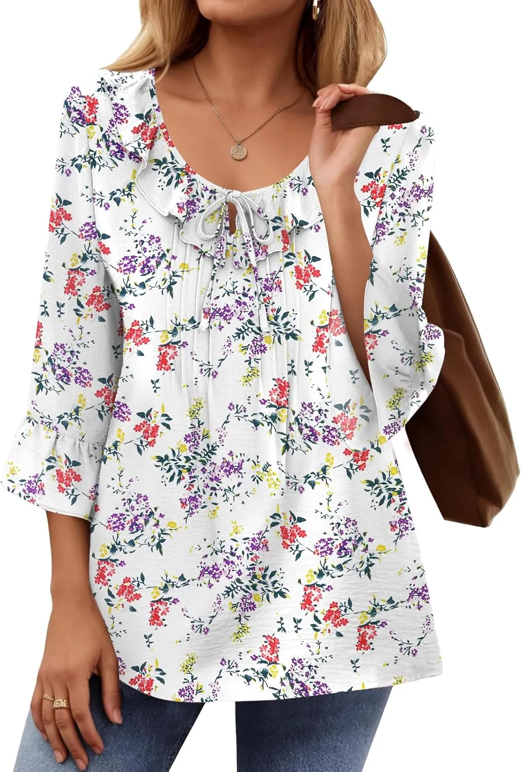 AKEWEI Womens 3/4 Length Sleeve Scoop Neck Tops Summer Tie Front Ruffle Shirts Casual Bell Sleeve Pleated Blouses 2025