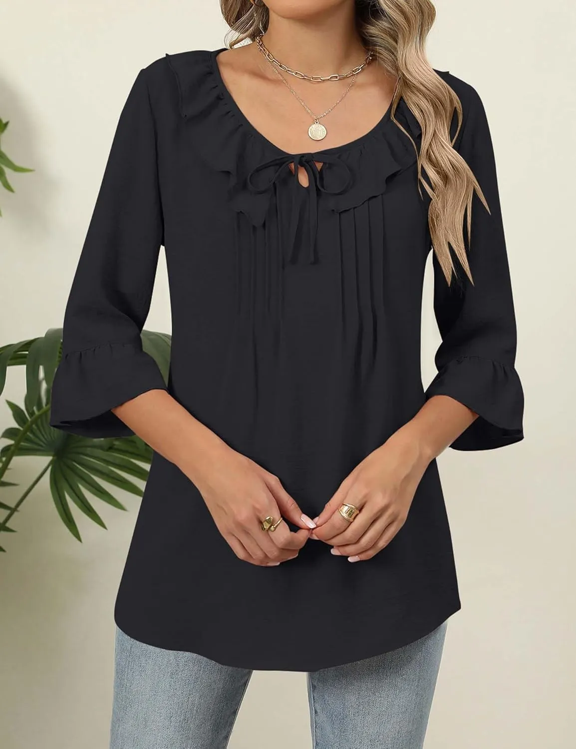 AKEWEI Womens 3/4 Length Sleeve Scoop Neck Tops Summer Tie Front Ruffle Shirts Casual Bell Sleeve Pleated Blouses Outfits
