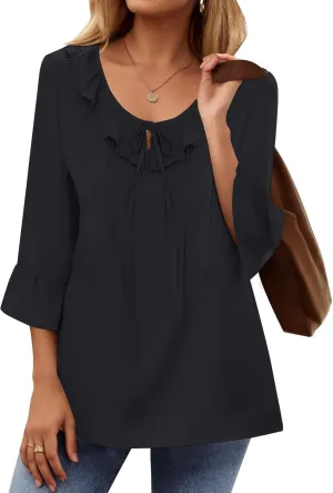 AKEWEI Womens 3/4 Length Sleeve Scoop Neck Tops Summer Tie Front Ruffle Shirts Casual Bell Sleeve Pleated Blouses Outfits