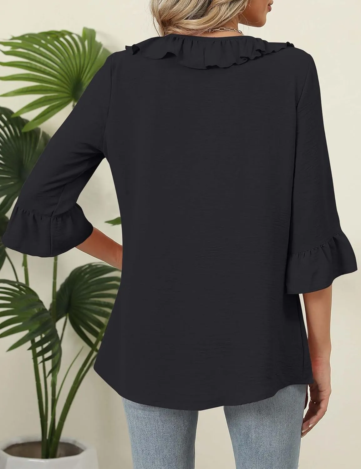 AKEWEI Womens 3/4 Length Sleeve Scoop Neck Tops Summer Tie Front Ruffle Shirts Casual Bell Sleeve Pleated Blouses Outfits