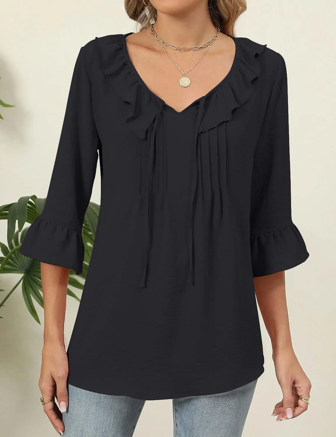 AKEWEI Womens 3/4 Length Sleeve Scoop Neck Tops Summer Tie Front Ruffle Shirts Casual Bell Sleeve Pleated Blouses Outfits
