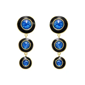 Aretes largos de circulares negros y azul - chapa de oro 14k
