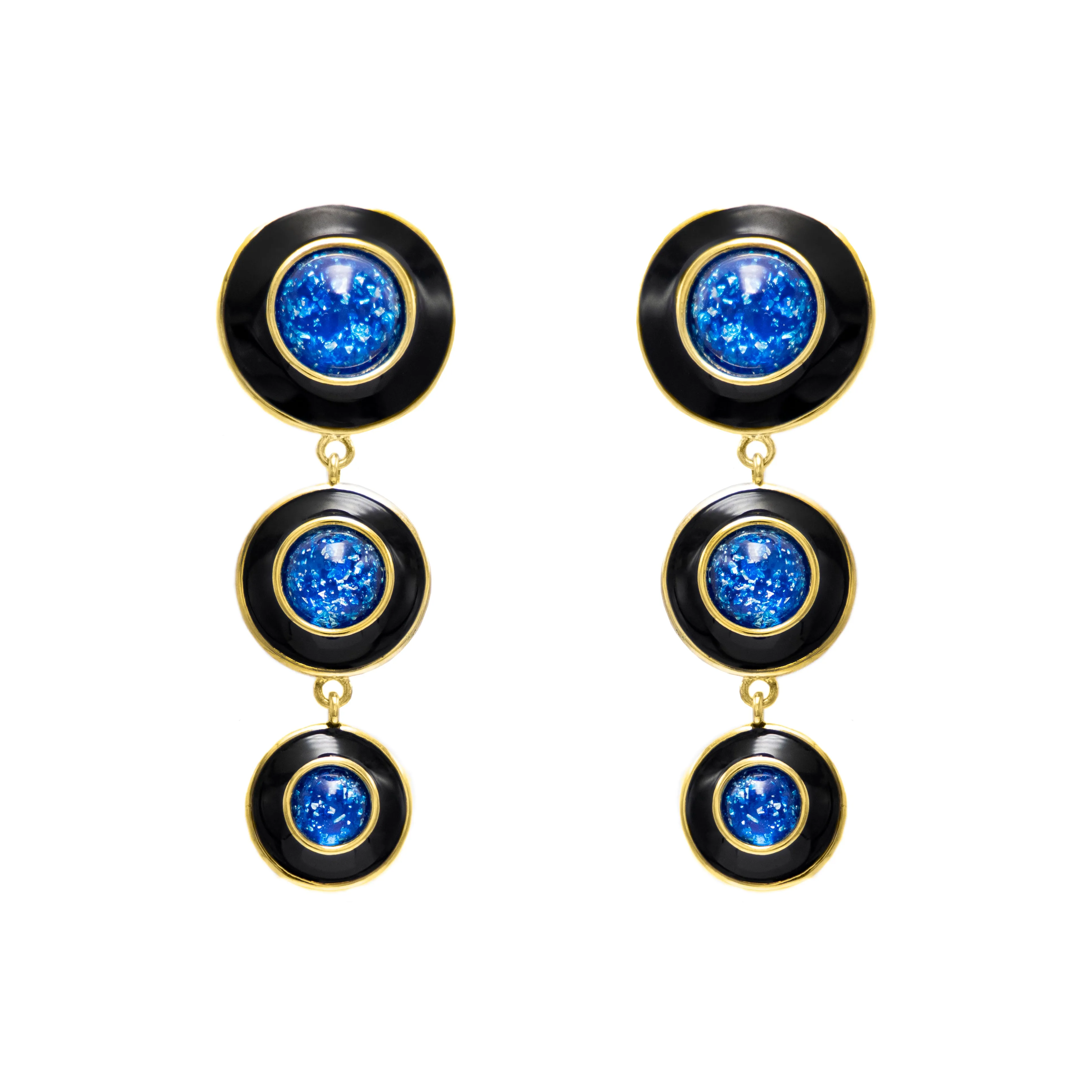 Aretes largos de circulares negros y azul - chapa de oro 14k