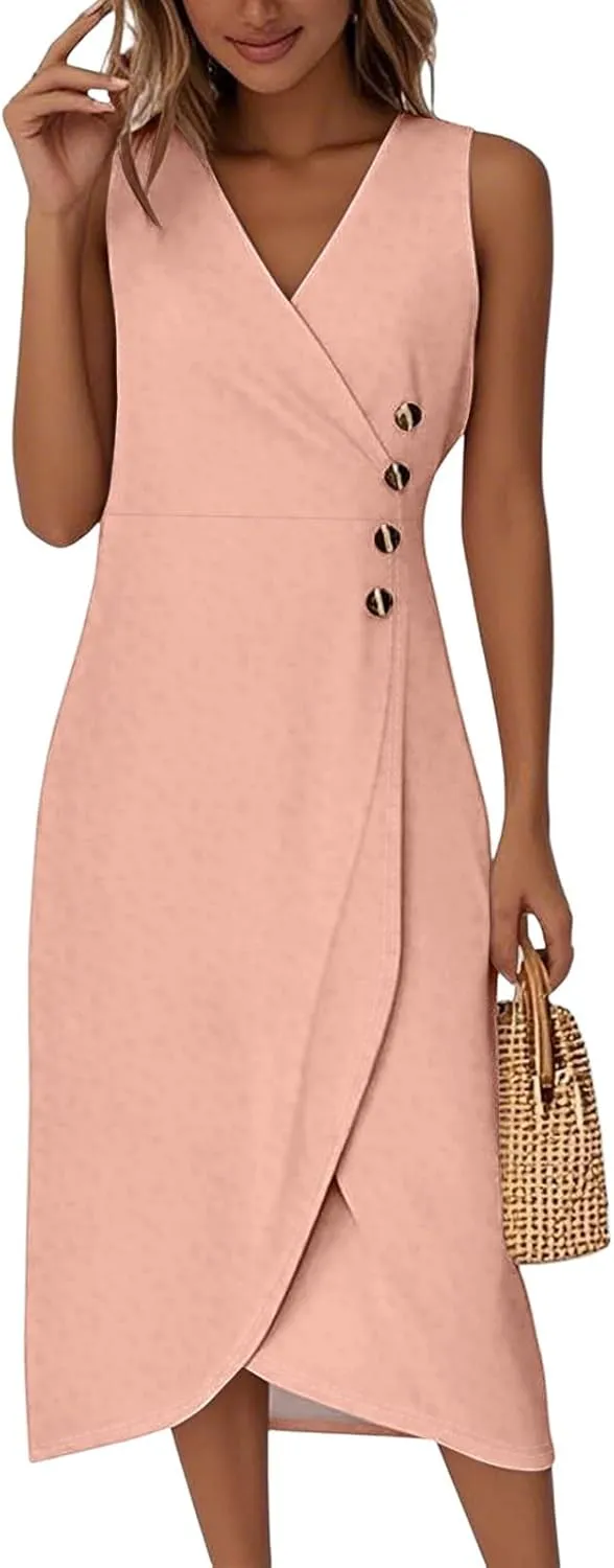 BAXLIMEK Beach Dresses for Women,2025 Summer Trendy Floral Print Boho Vacation Dress,Elegant V Neck Tank Slit Hem Midi Dress