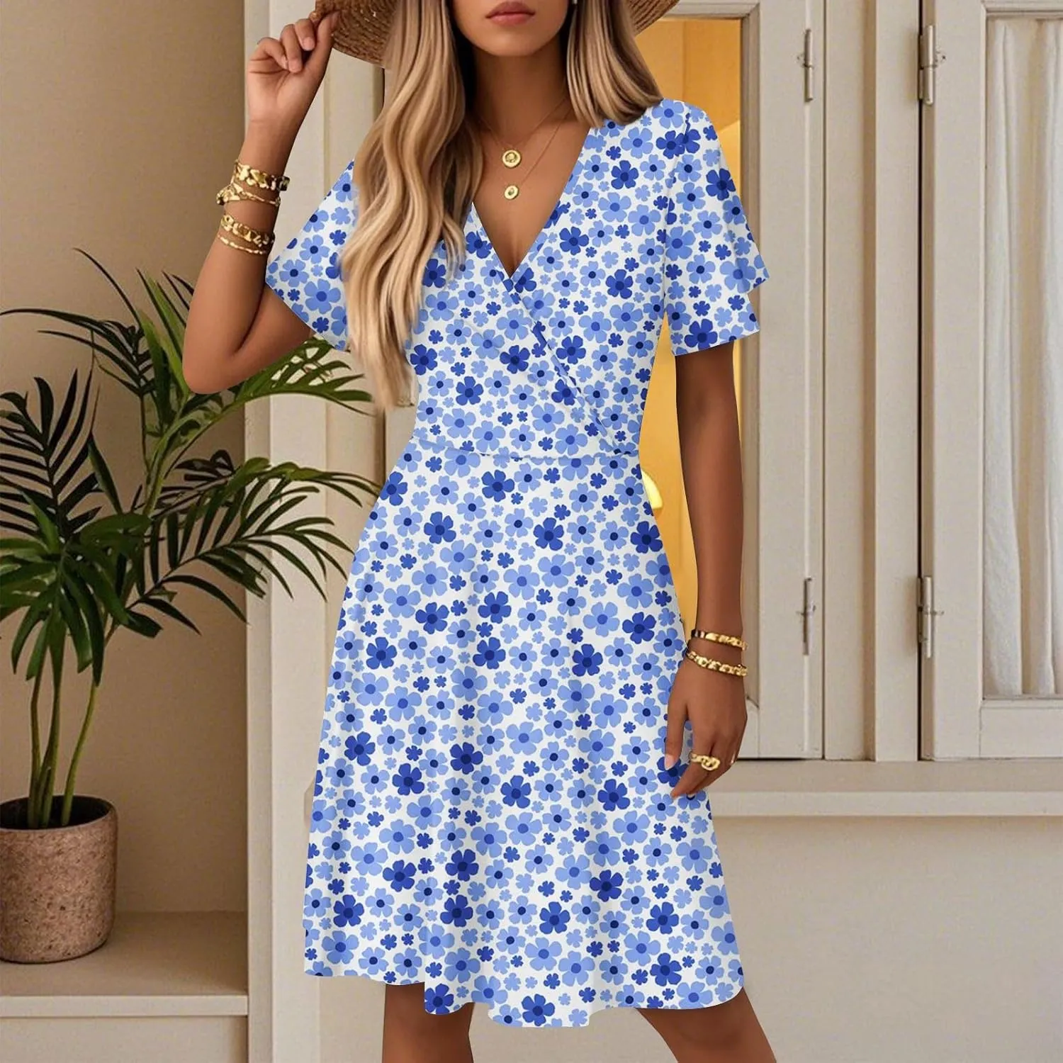 Boho Dresses for Women 2025 Elegant Classy Summer Beach Floral Casual V Neck Knee Length Sundress with Sleeves