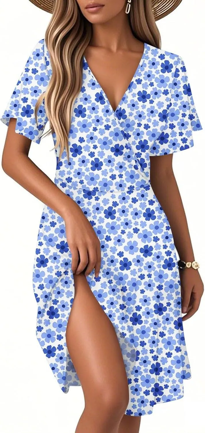 Boho Dresses for Women 2025 Elegant Classy Summer Beach Floral Casual V Neck Knee Length Sundress with Sleeves