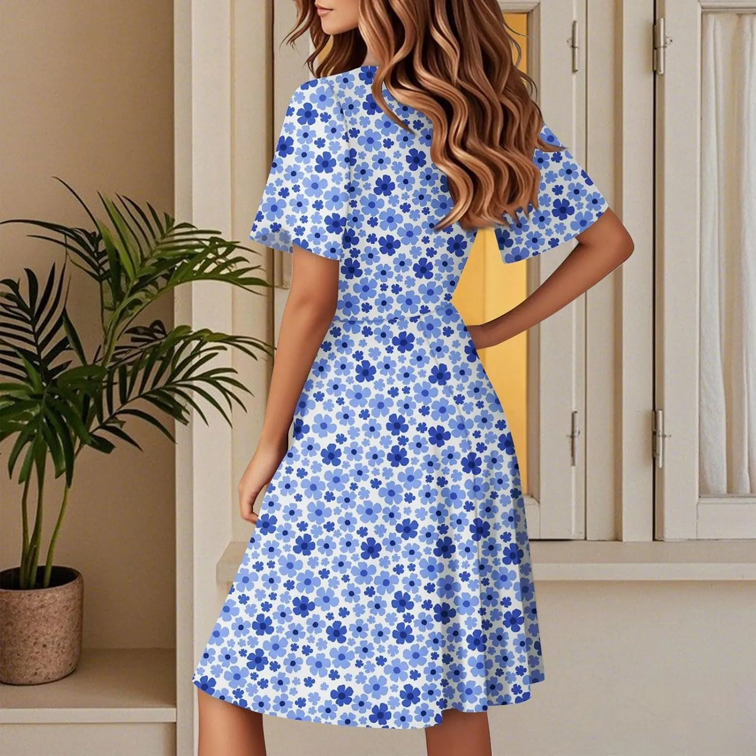 Boho Dresses for Women 2025 Elegant Classy Summer Beach Floral Casual V Neck Knee Length Sundress with Sleeves