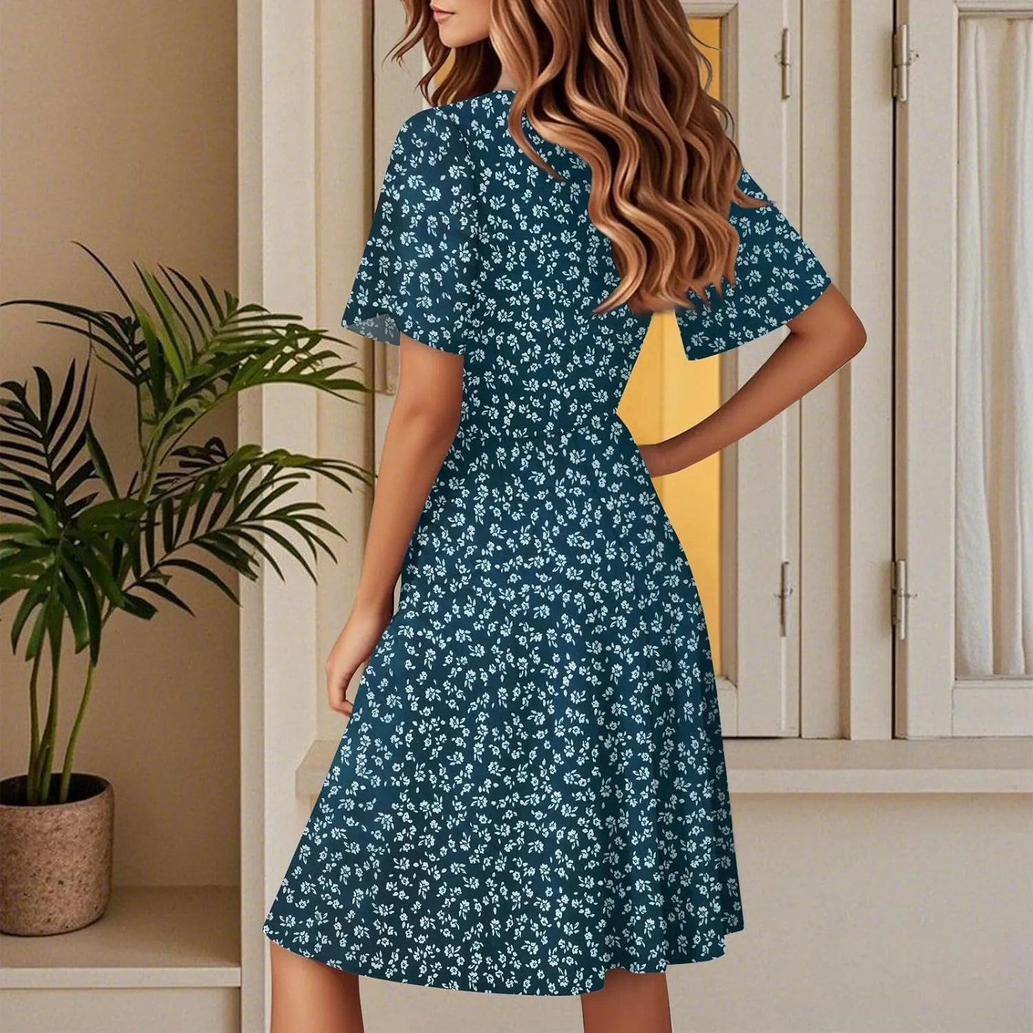 Boho Dresses for Women 2025 Elegant Classy Summer Beach Floral Casual V Neck Knee Length Sundress with Sleeves