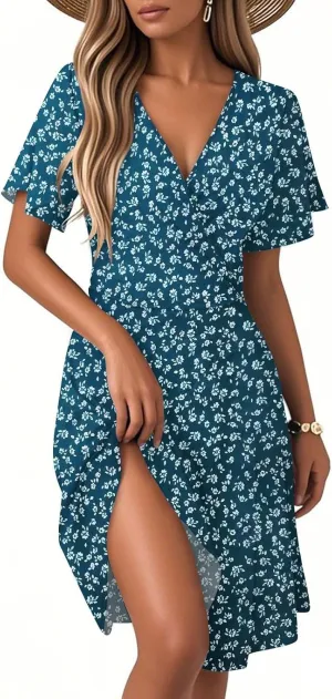 Boho Dresses for Women 2025 Elegant Classy Summer Beach Floral Casual V Neck Knee Length Sundress with Sleeves