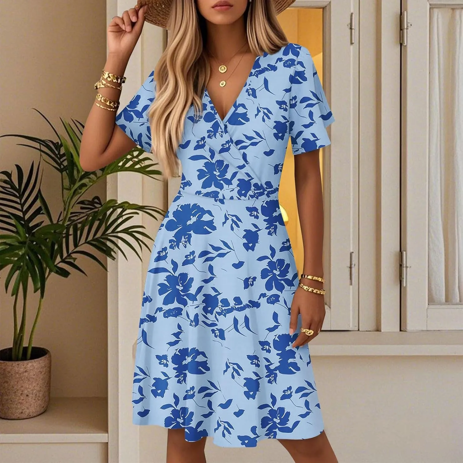 Boho Summer Dress for Women 2025 V Neck Casual Floral Wrap Dresses Short Sleeve A-Line Midi Vacation Beach Sundress