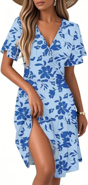 Boho Summer Dress for Women 2025 V Neck Casual Floral Wrap Dresses Short Sleeve A-Line Midi Vacation Beach Sundress