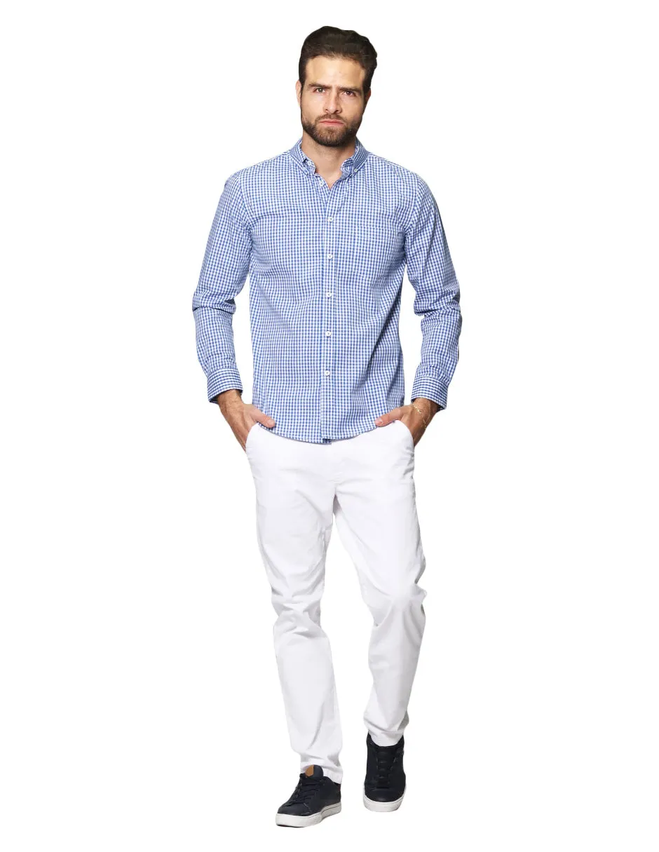 Camisas Para Hombre De Manga Larga Cuello Americano Con Estampado De Cuadros Medianos Regular Fit B41215 Azul