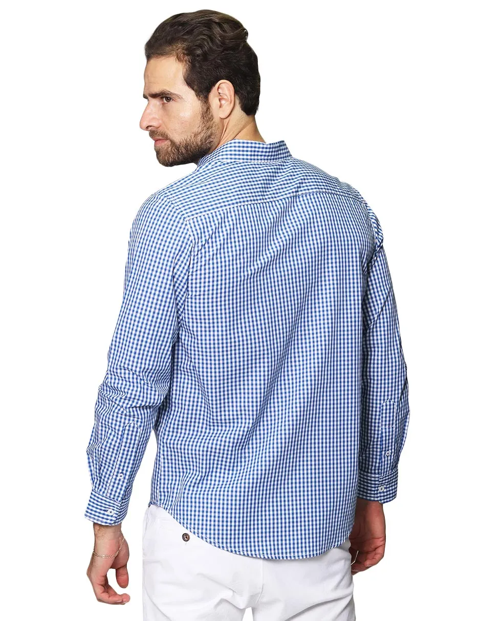 Camisas Para Hombre De Manga Larga Cuello Americano Con Estampado De Cuadros Medianos Regular Fit B41215 Azul