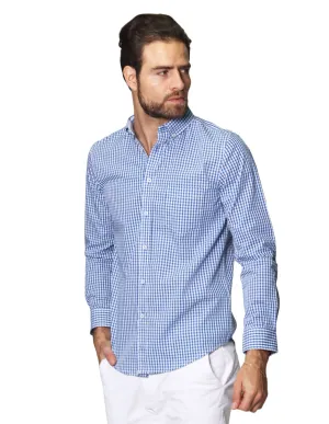 Camisas Para Hombre De Manga Larga Cuello Americano Con Estampado De Cuadros Medianos Regular Fit B41215 Azul