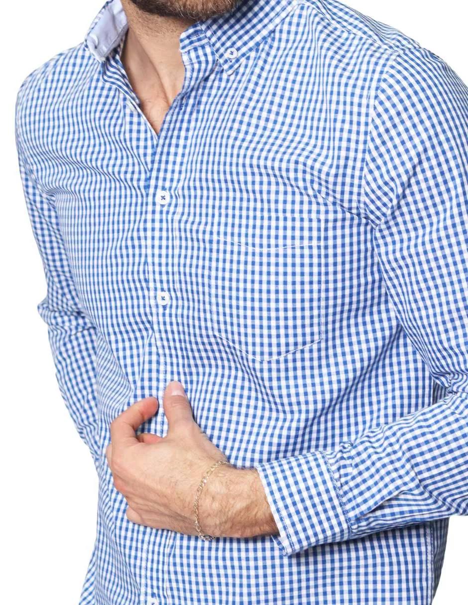 Camisas Para Hombre De Manga Larga Cuello Americano Con Estampado De Cuadros Medianos Regular Fit B41215 Azul