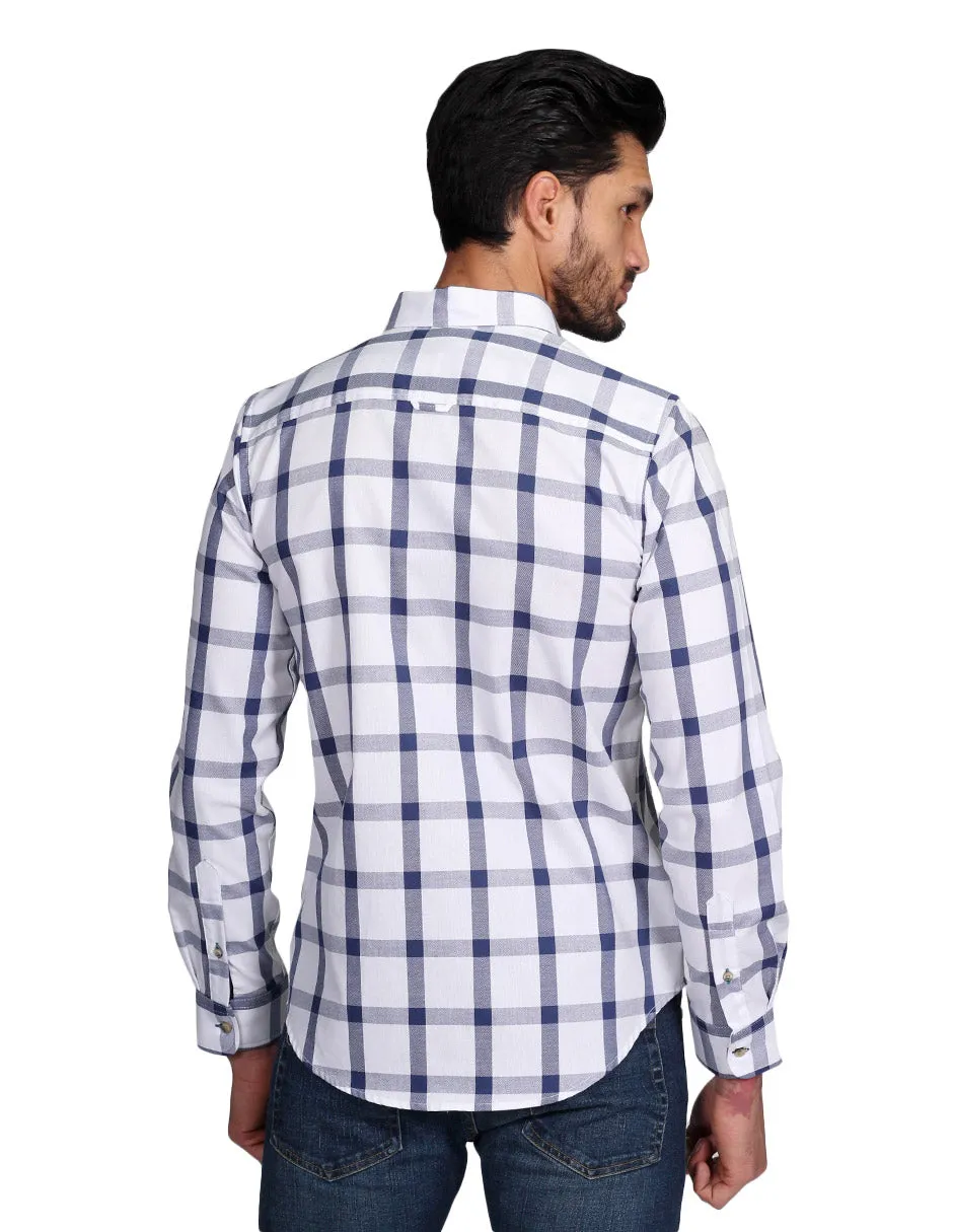 Camisas Para Hombre Manga Larga Cuadros Silm Fit Azul B21107