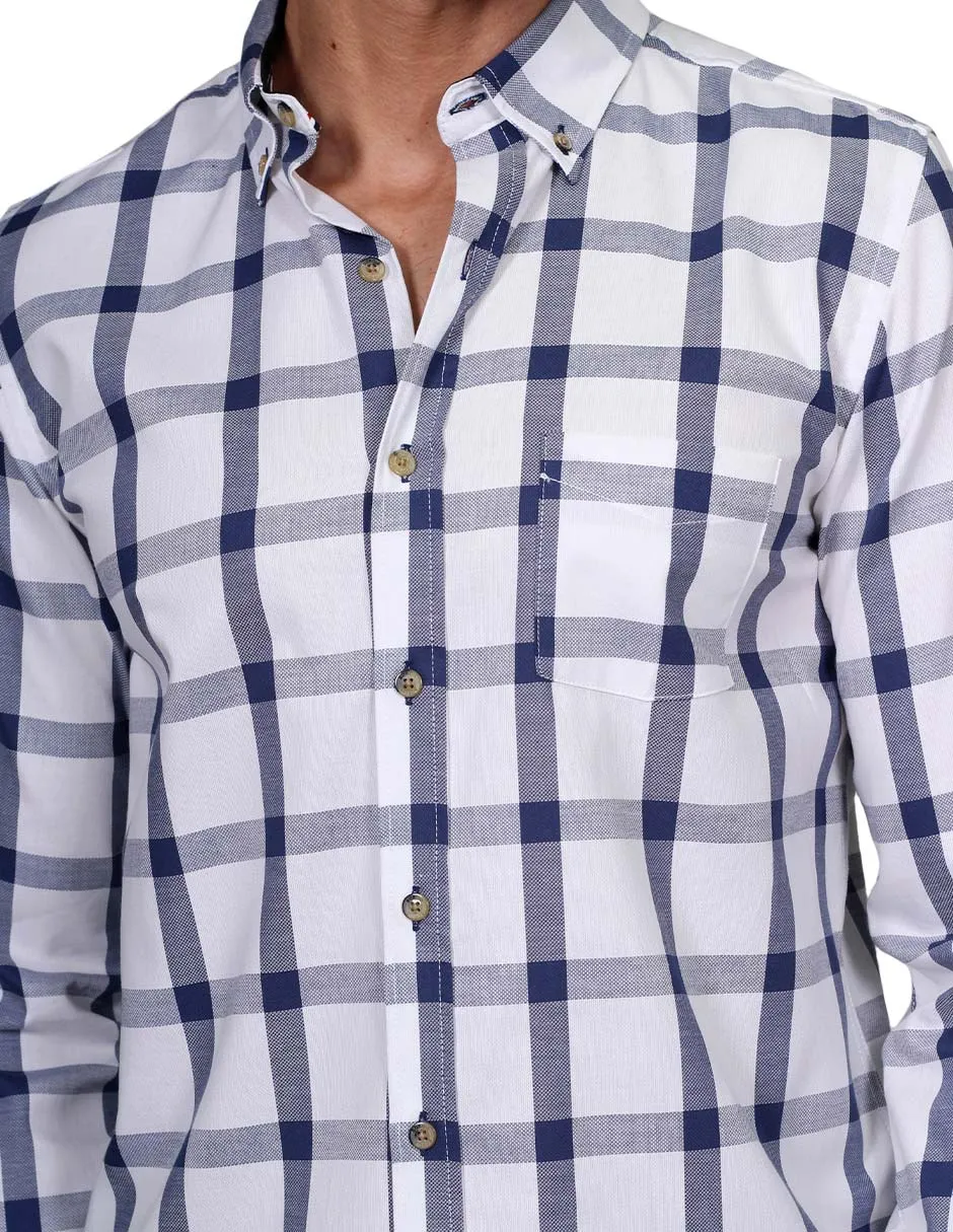 Camisas Para Hombre Manga Larga Cuadros Silm Fit Azul B21107