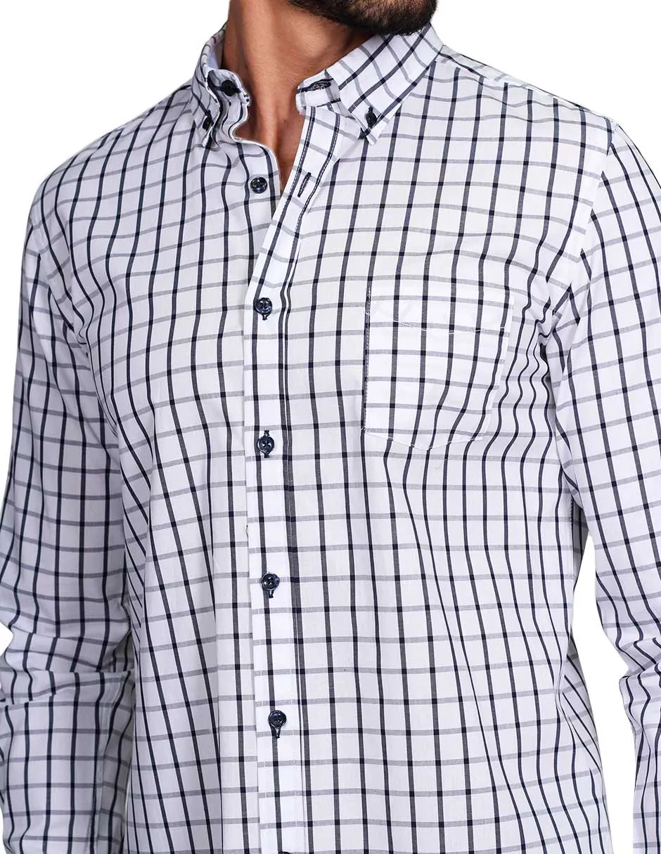 Camisas Para Hombre Manga Larga Regular Fit Cuadros Blanco B21209
