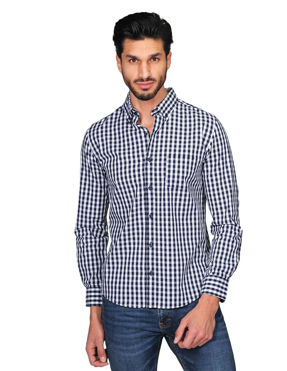 Camisas Para Hombre Manga Larga Regular Fit Cuadros Marino B21208