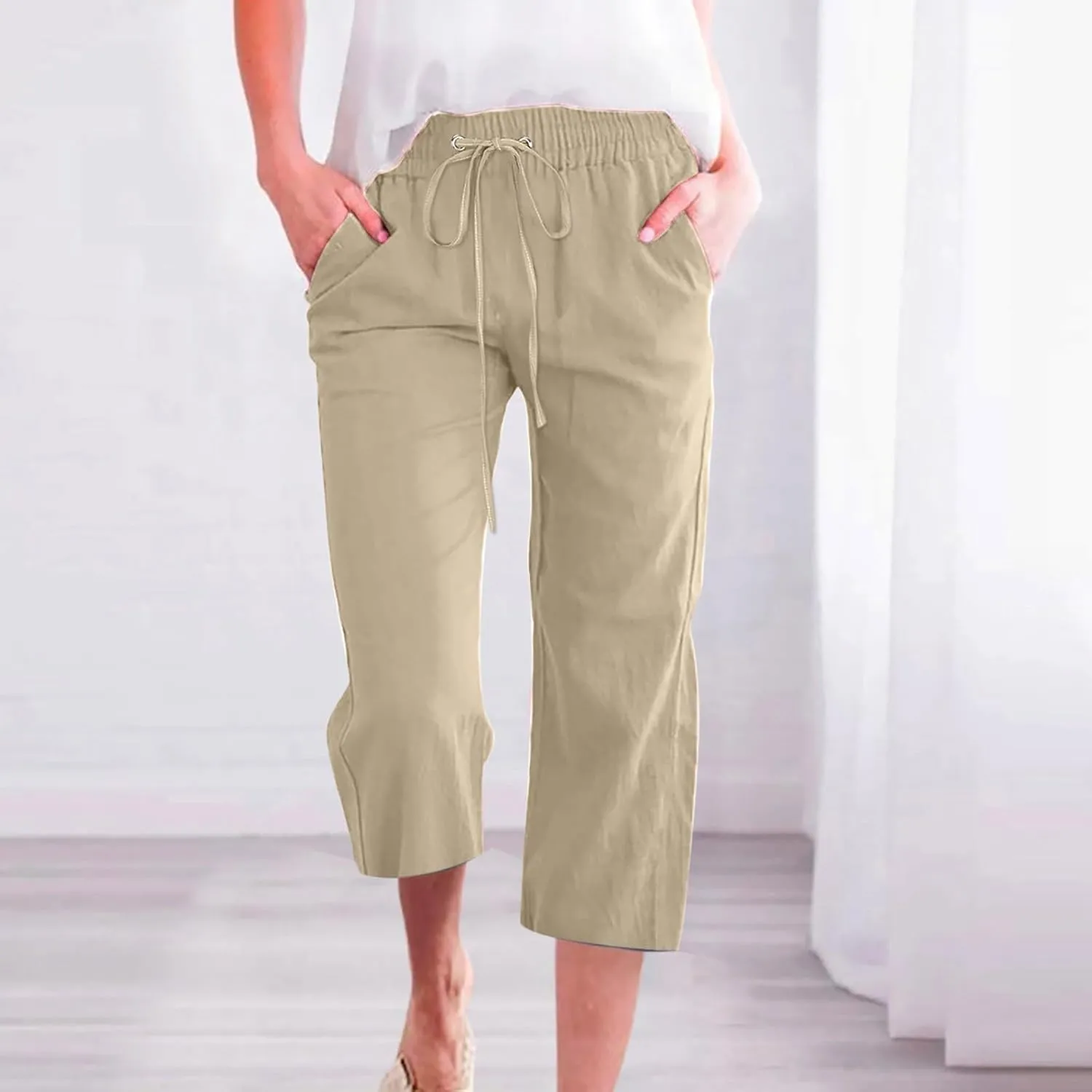 Capri Linen Pants Women Summer Casual 2025 Travel Drawstring Elastic High Waist Straight Wide Leg Cropped Trousers