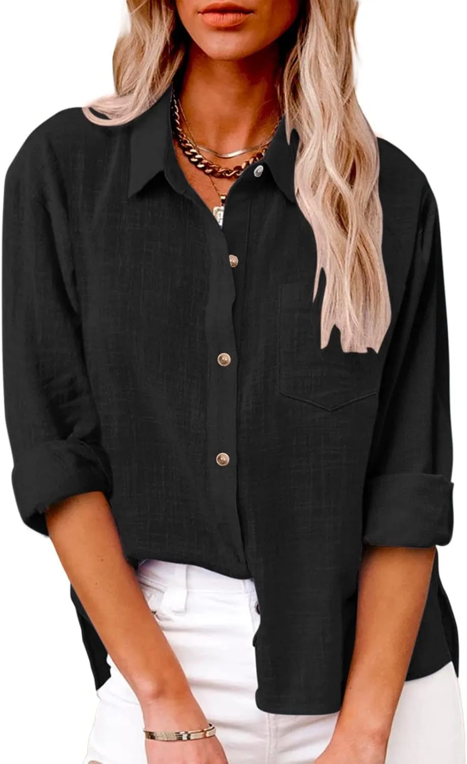 Ceboyel Women Linen Button Down Blouses Roll Up Sleeve Collared Shirts Summer Cotton Gauze Tops Casual Ladies Outfits 2023