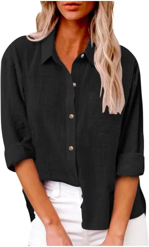 Ceboyel Women Linen Button Down Blouses Roll Up Sleeve Collared Shirts Summer Cotton Gauze Tops Casual Ladies Outfits 2023