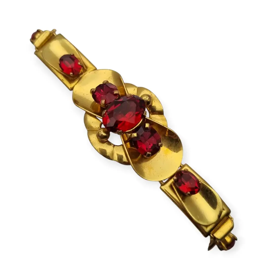 Czechoslovakian Gold Metal Bracelet with Red Crystals, Circa 1910.