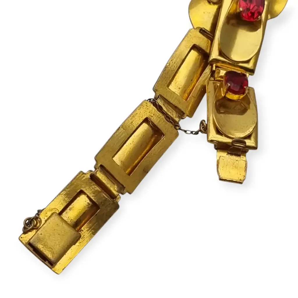 Czechoslovakian Gold Metal Bracelet with Red Crystals, Circa 1910.