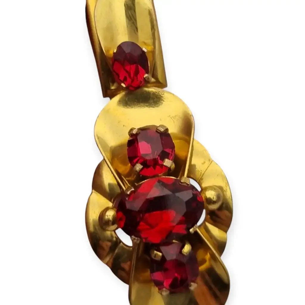 Czechoslovakian Gold Metal Bracelet with Red Crystals, Circa 1910.