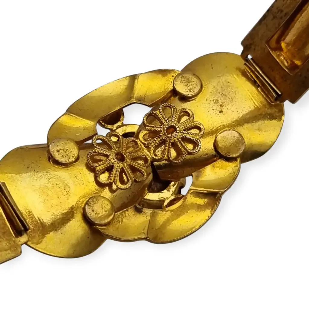 Czechoslovakian Gold Metal Bracelet with Red Crystals, Circa 1910.