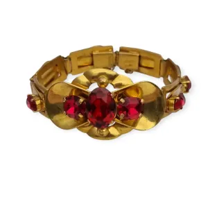 Czechoslovakian Gold Metal Bracelet with Red Crystals, Circa 1910.