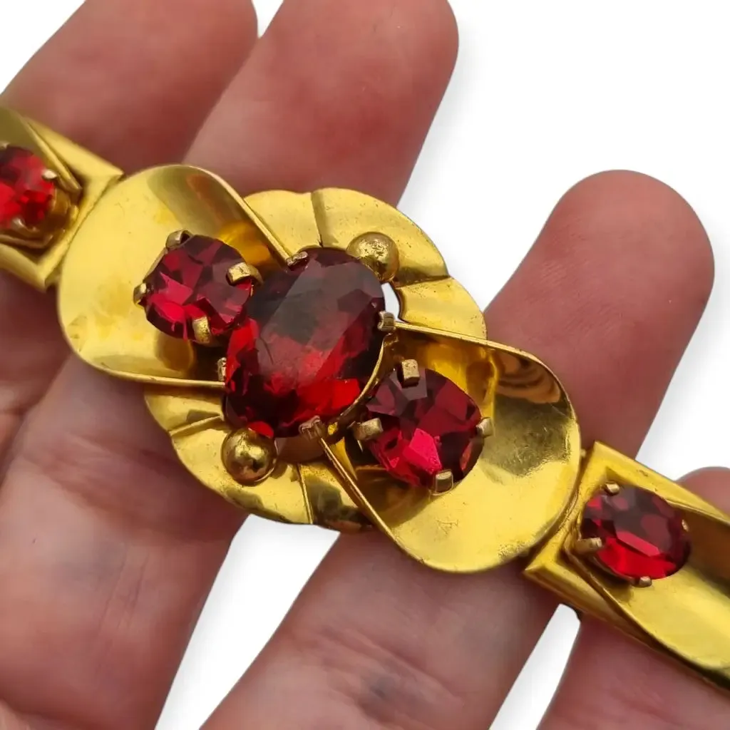 Czechoslovakian Gold Metal Bracelet with Red Crystals, Circa 1910.