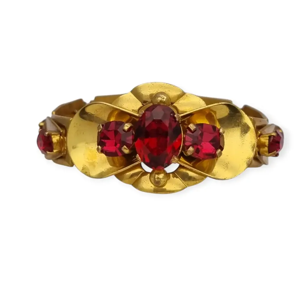 Czechoslovakian Gold Metal Bracelet with Red Crystals, Circa 1910.