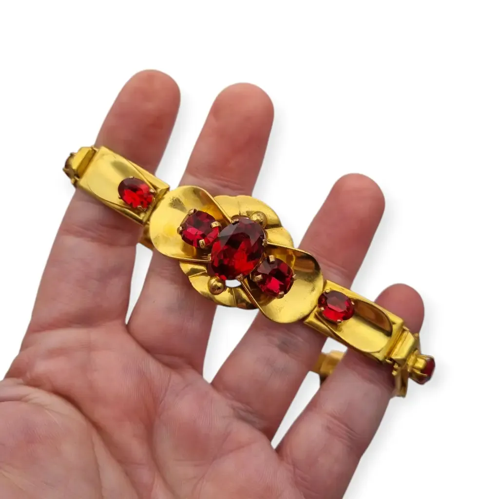 Czechoslovakian Gold Metal Bracelet with Red Crystals, Circa 1910.
