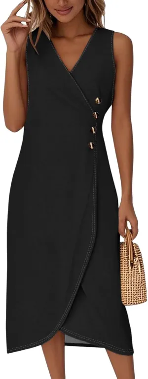 Fancy Dresses for Women 2025 Elegant Sleeveless Tank V Neck Button Semi-Formal Wrap Dress Work Office,S-2XL