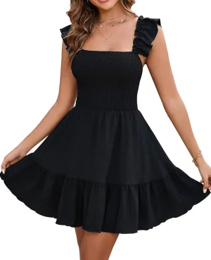 GLNEGE Women's Summer Grauation Mini Dress Casaul Flowy A-Line Ruffle Party Dresses Square Neck Smocked Trendy Sundress 2025