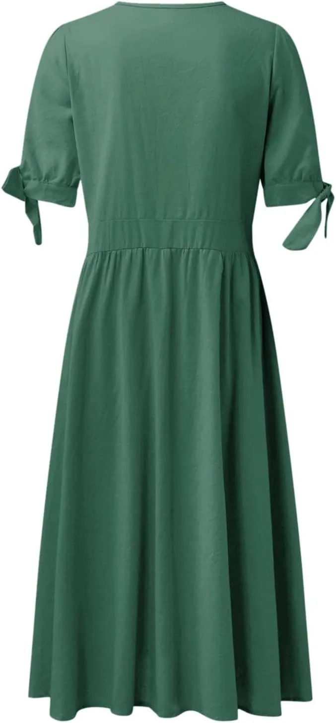 Going Out Dresses for Women 2025 Flowy Lantern Sleeve V Neck Maxi Dresses Tie Front A-Line Layered Hem Midi Dress