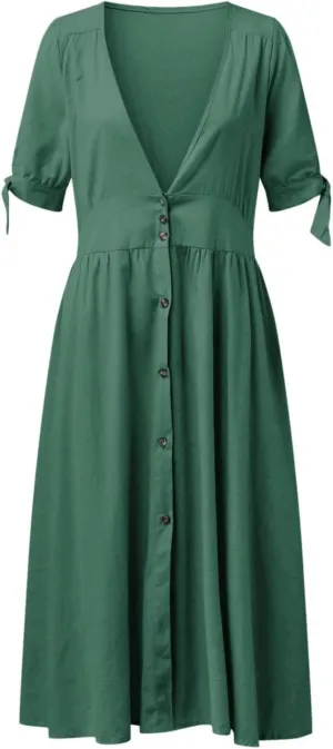 Going Out Dresses for Women 2025 Flowy Lantern Sleeve V Neck Maxi Dresses Tie Front A-Line Layered Hem Midi Dress