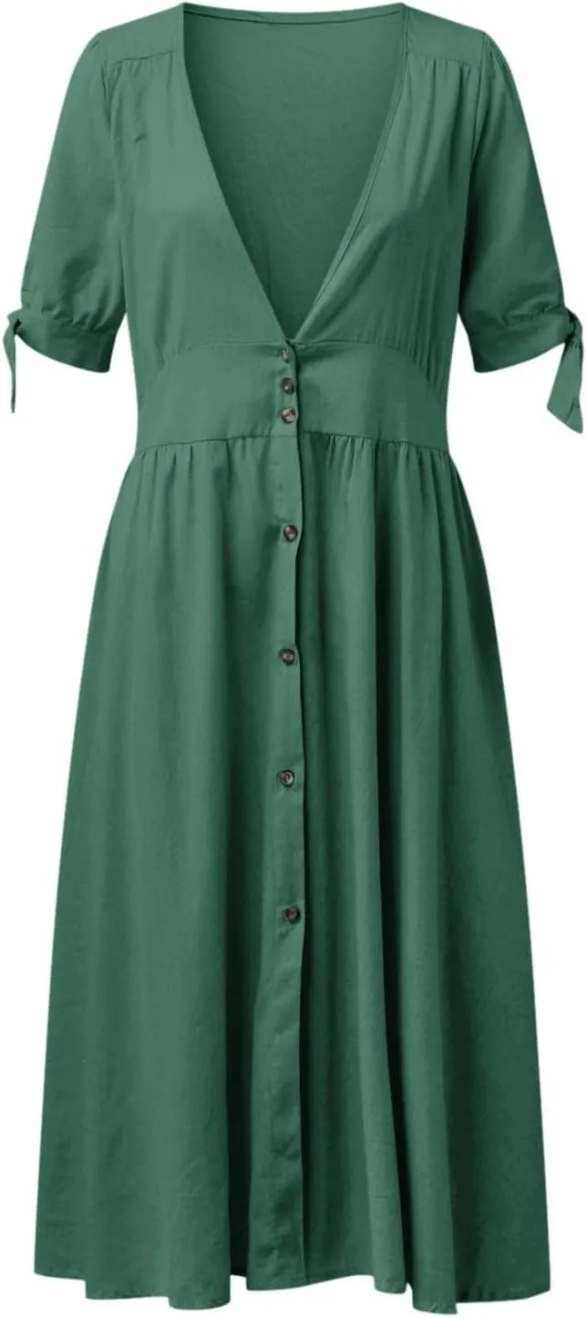 Going Out Dresses for Women 2025 Flowy Lantern Sleeve V Neck Maxi Dresses Tie Front A-Line Layered Hem Midi Dress