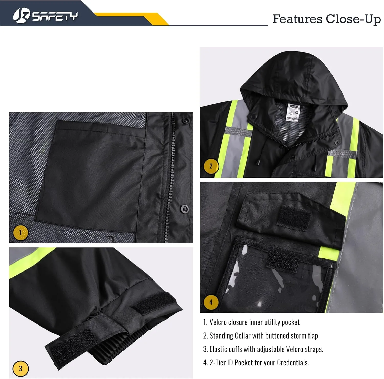 JKSafety Hi-Vis Reflective Safety Rain Jacket and Pants for Men Women Waterproof Rain Gears for Farming Fishing Work HV Rain Suit with Inner Mesh Lining and Pockets (117-Black 3XL)