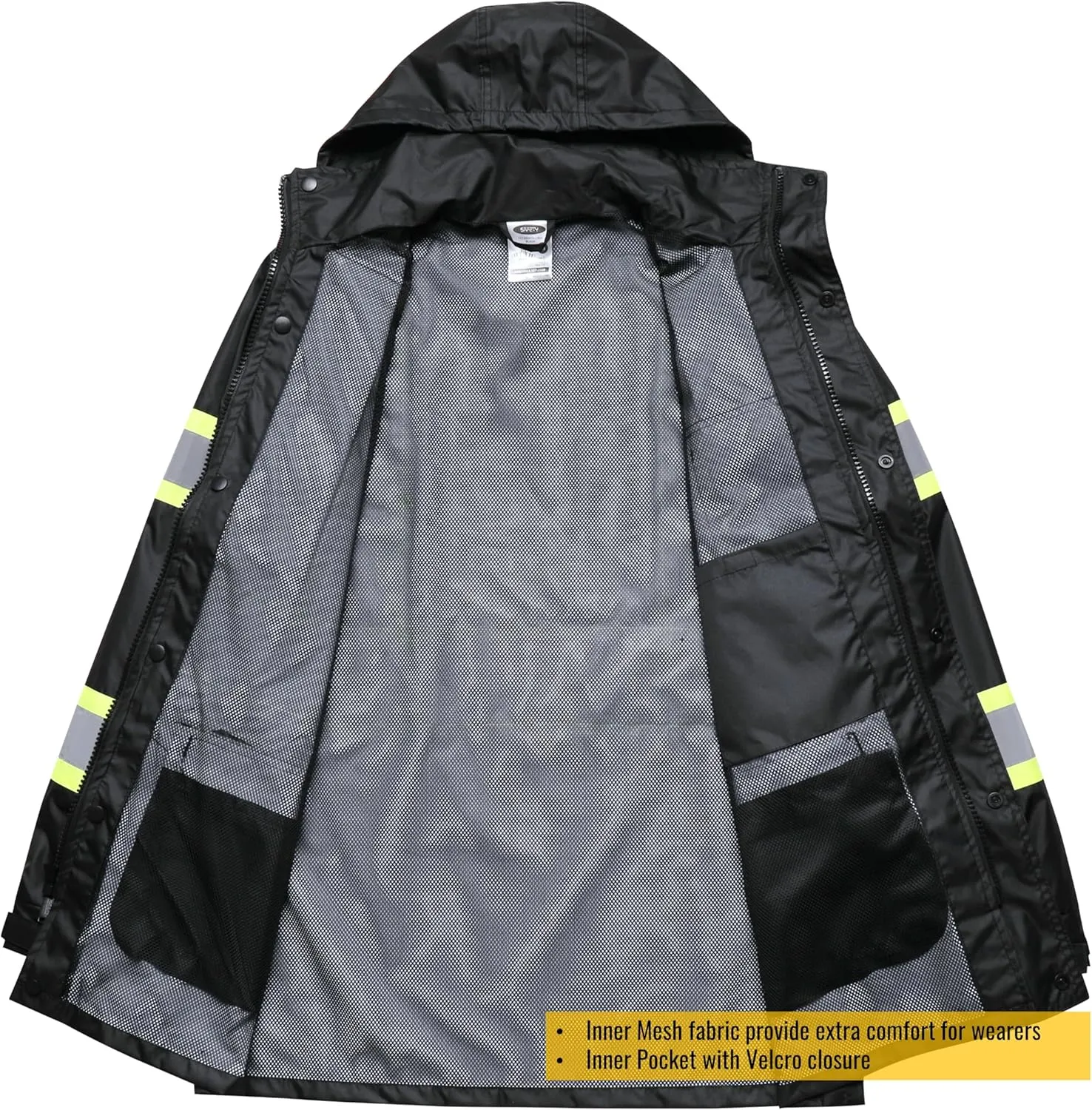 JKSafety Hi-Vis Reflective Safety Rain Jacket and Pants for Men Women Waterproof Rain Gears for Farming Fishing Work HV Rain Suit with Inner Mesh Lining and Pockets (117-Black 3XL)
