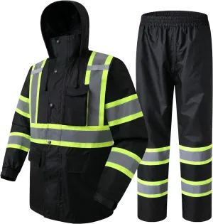JKSafety Hi-Vis Reflective Safety Rain Jacket and Pants for Men Women Waterproof Rain Gears for Farming Fishing Work HV Rain Suit with Inner Mesh Lining and Pockets (117-Black 3XL)
