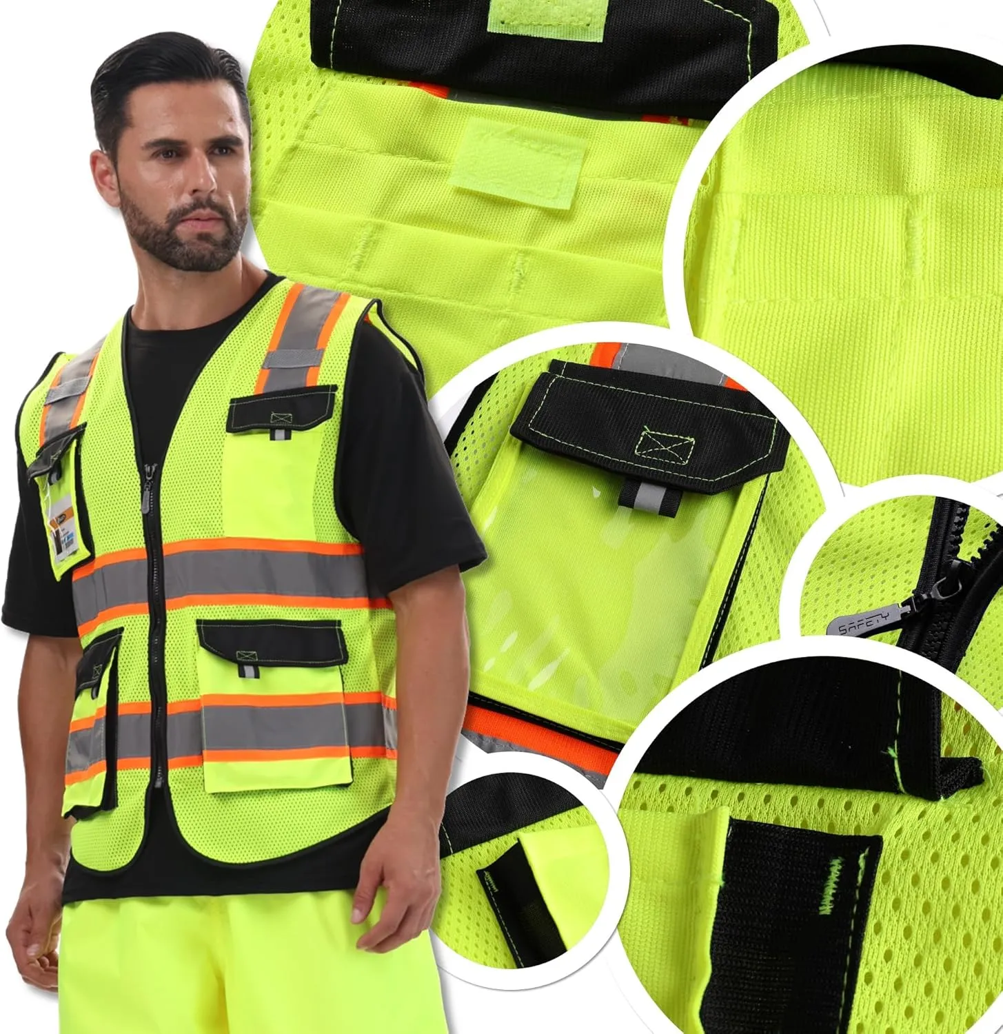 JKSafety Hi Vis Reflective Safety Vests for Men Women High Visibility Vest with Pockets Mesh Fabric Construction Safety Apparel Neon Vest for Work (220-Yellow XXL)