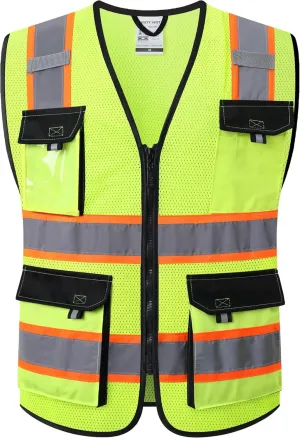 JKSafety Hi Vis Reflective Safety Vests for Men Women High Visibility Vest with Pockets Mesh Fabric Construction Safety Apparel Neon Vest for Work (220-Yellow XXL)