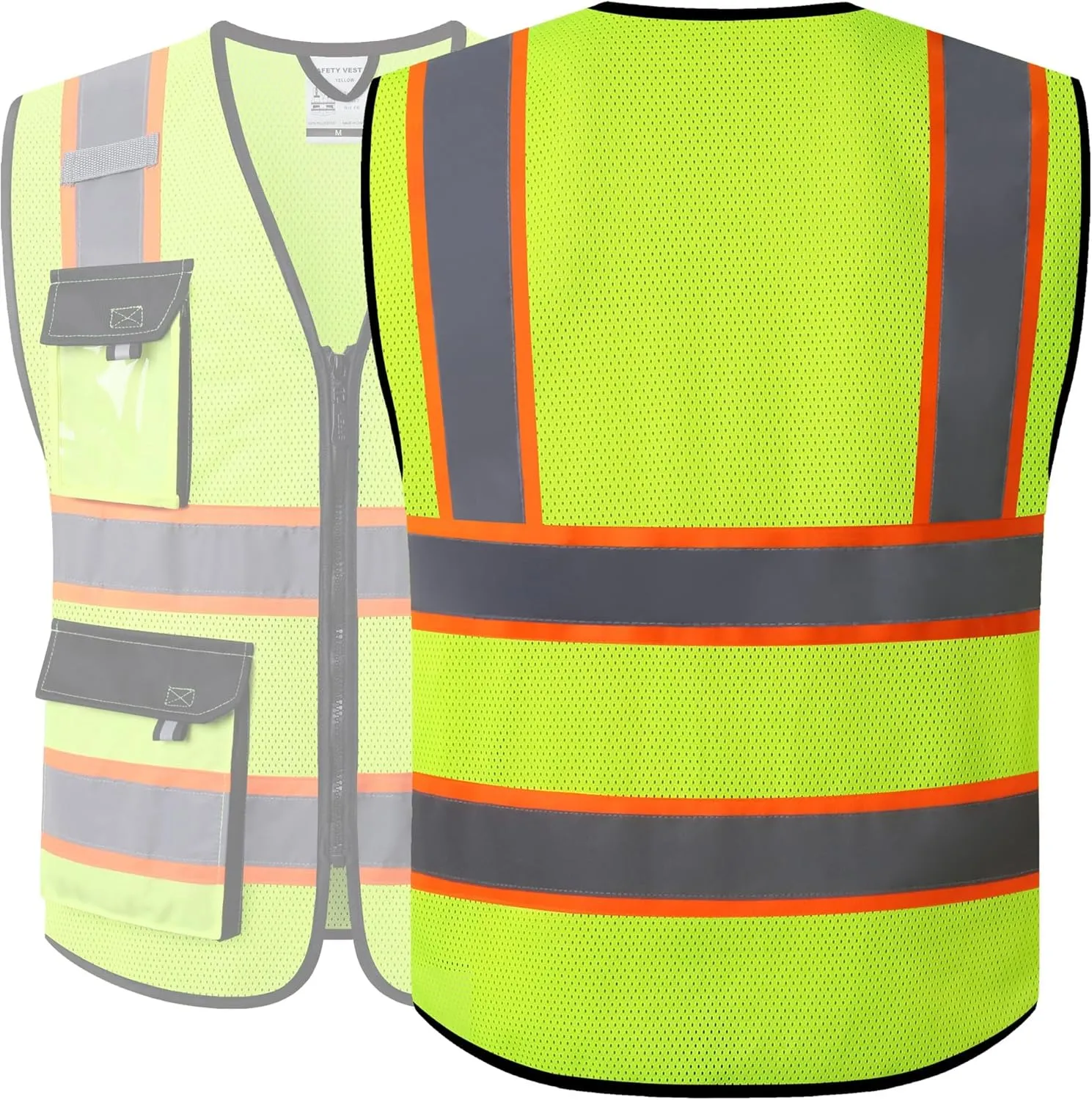 JKSafety Hi Vis Reflective Safety Vests for Men Women High Visibility Vest with Pockets Mesh Fabric Construction Safety Apparel Neon Vest for Work (220-Yellow XXL)